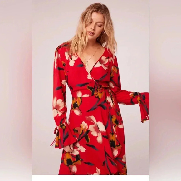 Band of the free POLLY RED FLORAL WRAP MAXI DRESS sz S nwt 012 - Picture 4 of 5